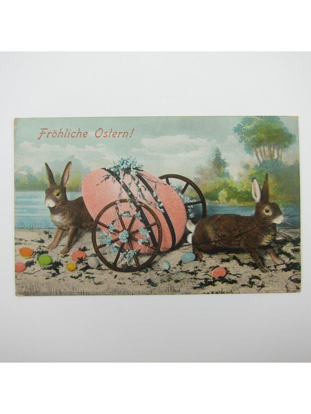 Easter Postcard Rabbits Cart Colored Eggs Pink Blue Flowers River Bank Antique